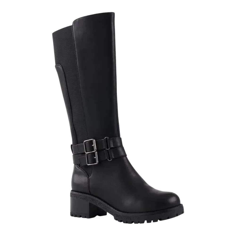 G.C. Shoes Women Black Tall Riding Boot Buckle Strap Block Heel Size 6.5
